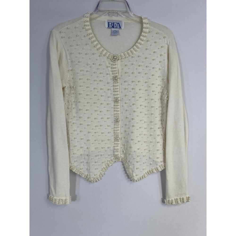 VTG White Beaded TUX front Cardigan sz SP Cotton Blend Fancy BFA‎ CLASSICS